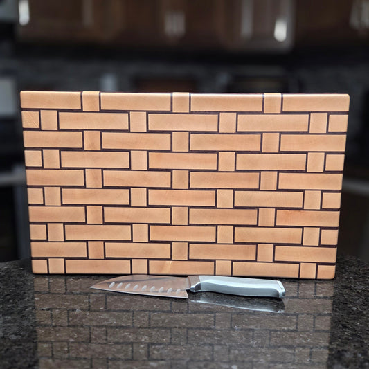 Wooden Cutting board with a woven pattern to look like it's made from wicker.