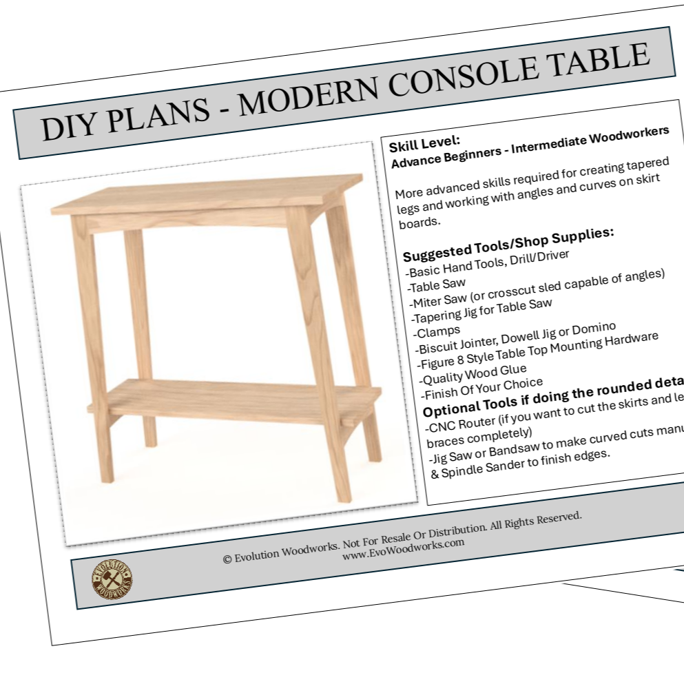 Woodworking plans for a modern console table on printed pages.