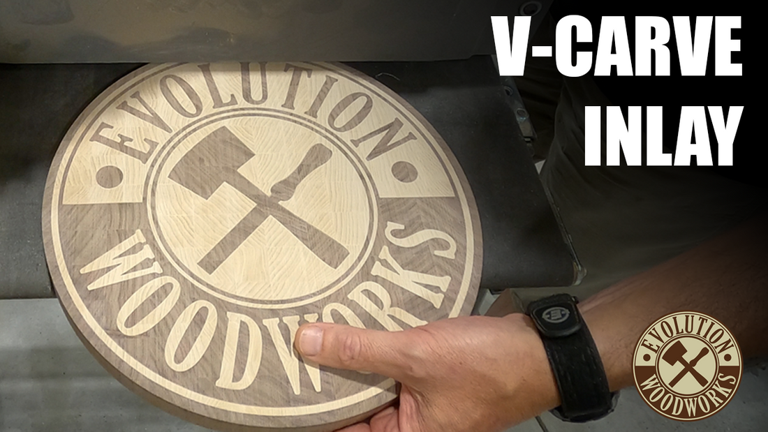 CNC v-carve inlay of the Evolution Woodworks logo