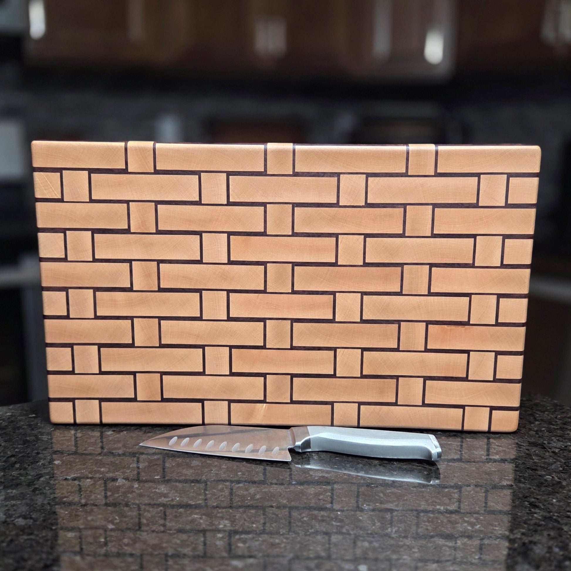 Wooden Cutting board with a woven pattern to look like it's made from wicker.