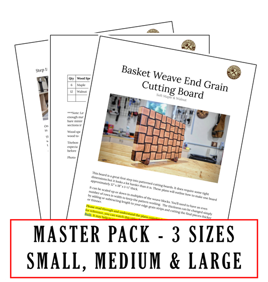 Woodworking cutting board with instructions and a small wooden board on a white background, labeled 'Master Pack - 3 Sizes'.