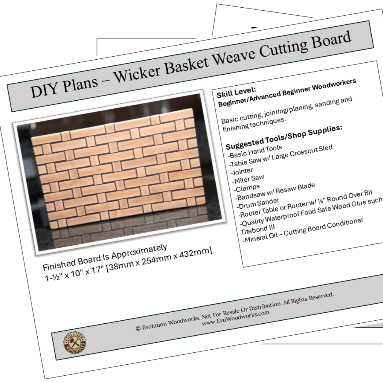 Woodworking plans for a wicker basket weave cutting board on a white background