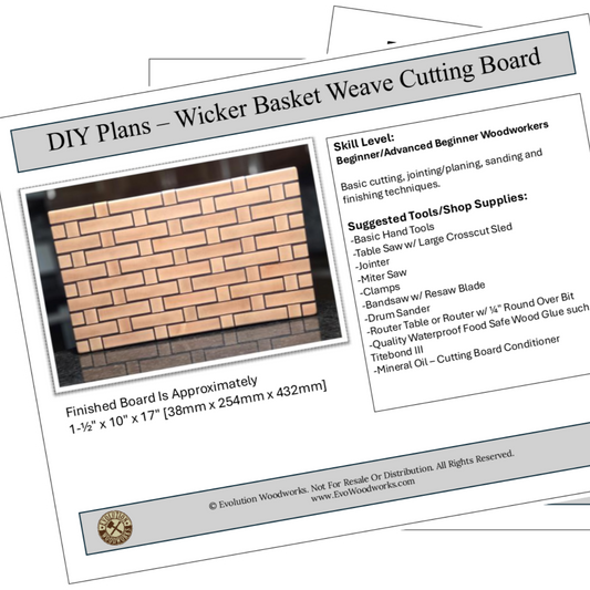 Woodworking plans for a wicker basket weave cutting board on a white background